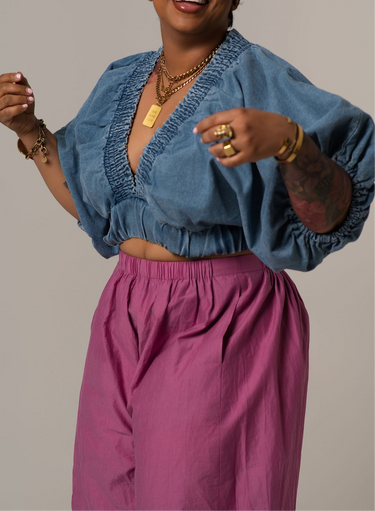 Lada Denim Puff Sleeve Cropped Top