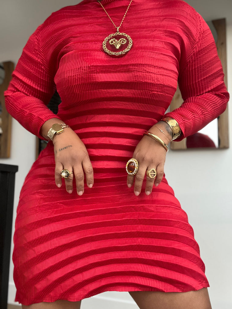 Kisses Origami Long Sleeve Pleated Dress