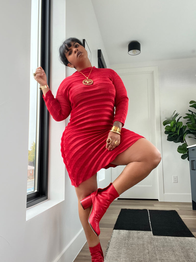 Kisses Origami Long Sleeve Pleated Dress